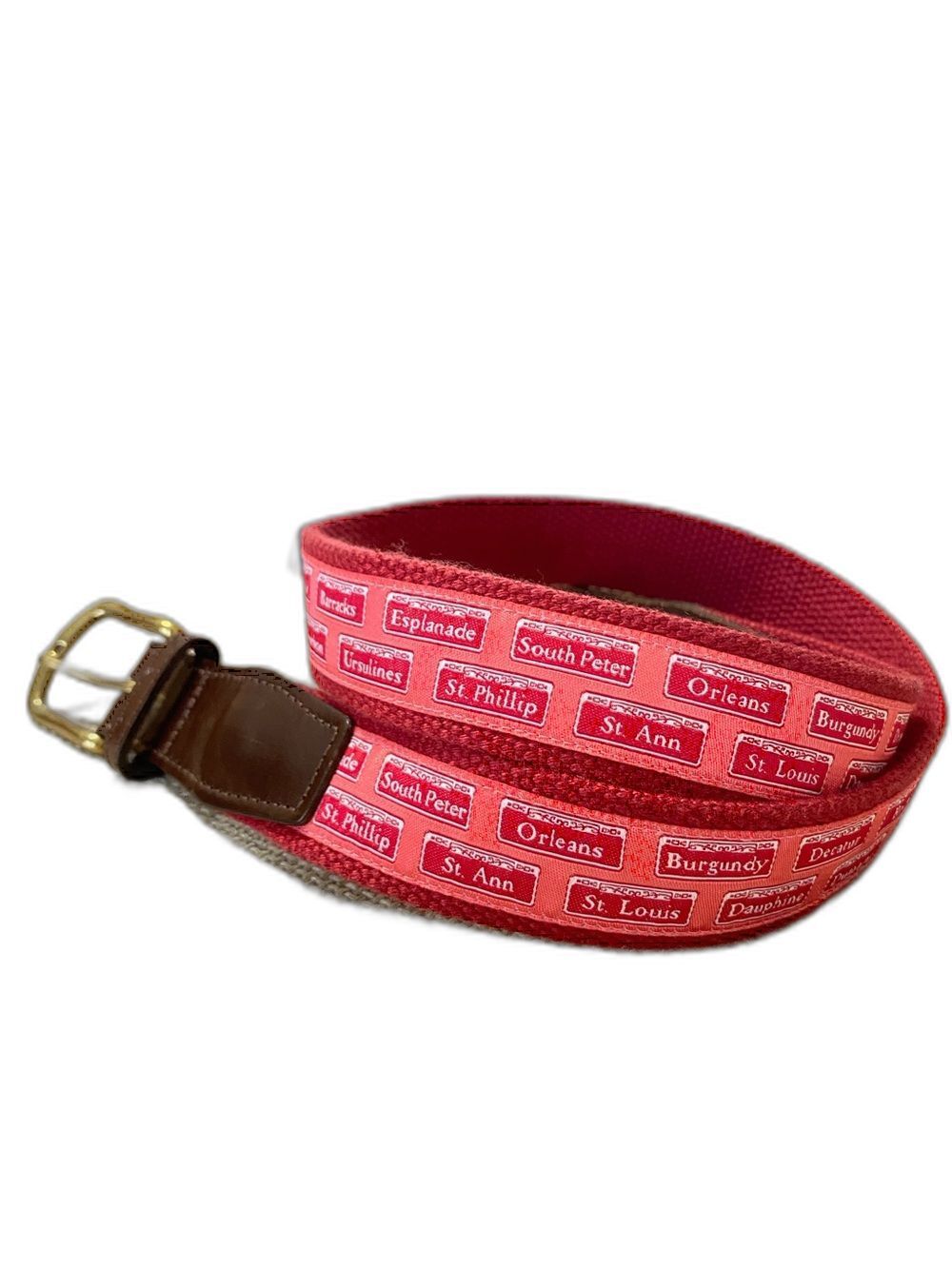 Pelican Coast NOLA Ribbon Pink Cotton Leather Solid Brass Belt 34 Preppy Coastal